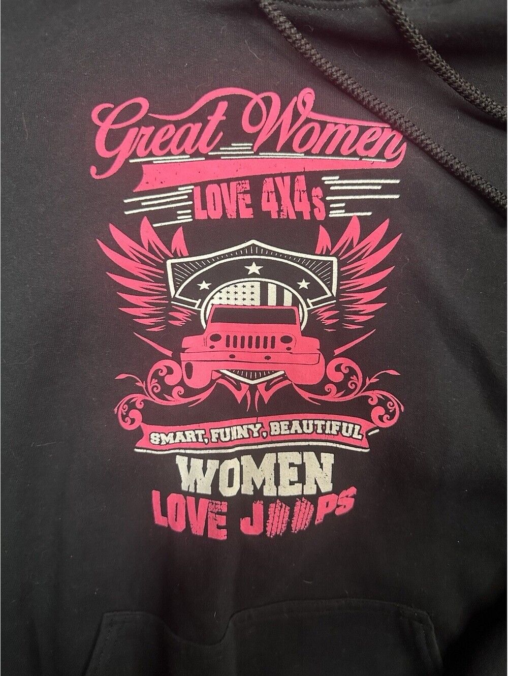 Women Love Jeeps 4x4 Graphic Hoodie Black Pink Pullover Sweatshirt L